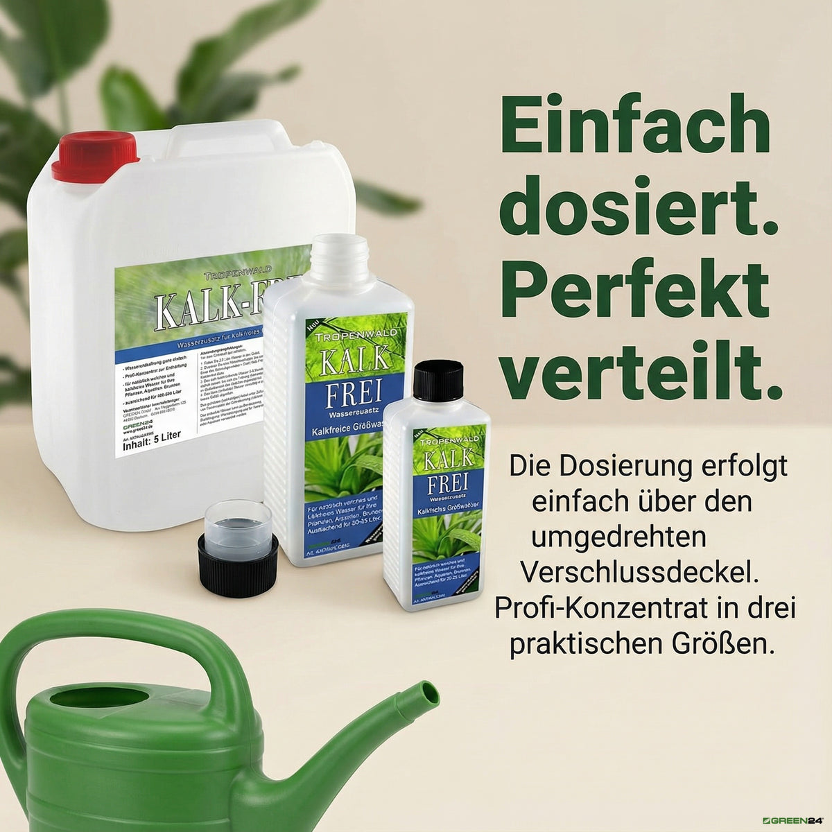 Herstellermotiv der Anti-Kalk-Serie: Dosierbeispiel an einer kleineren Flasche neben dem Kanister