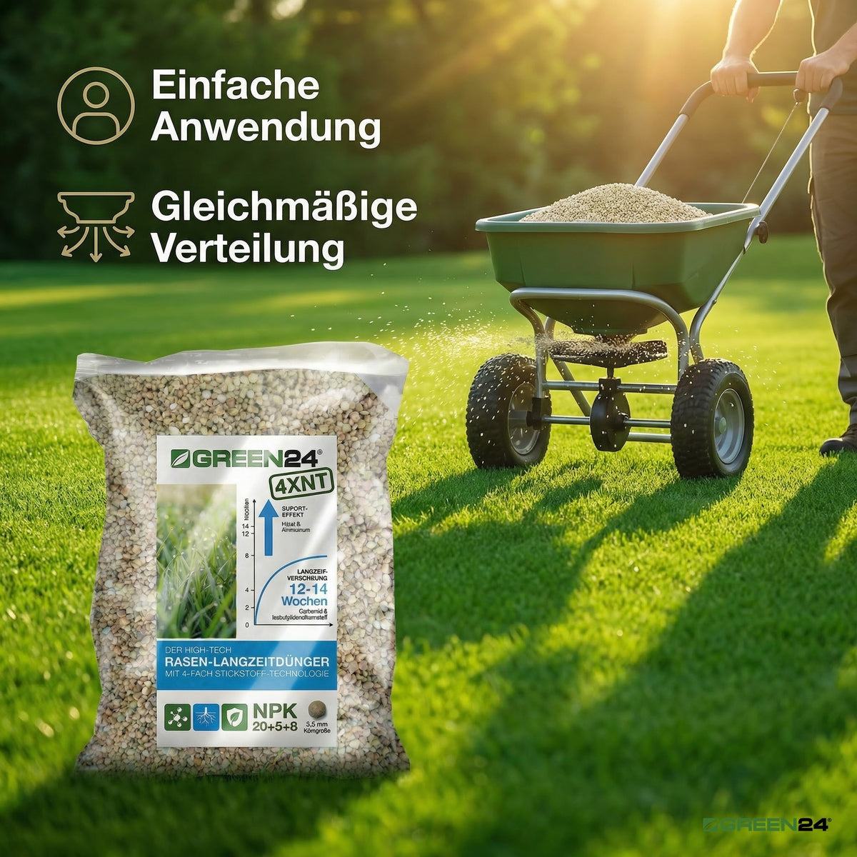 GREEN24 Profi Rasendünger 4XNT NPK 20+5+8 mit Langzeitwirkung je 1 Kg (25 m²) – Für einen dichten, sattgrünen Traumrasen (mit 4 fach N Technologie)