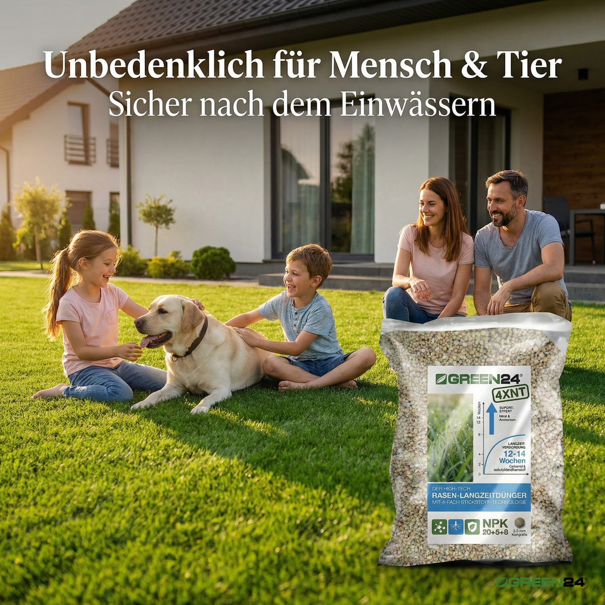 GREEN24 Profi Rasendünger 4XNT NPK 20+5+8 mit Langzeitwirkung je 1 Kg (25 m²) – Für einen dichten, sattgrünen Traumrasen (mit 4 fach N Technologie)