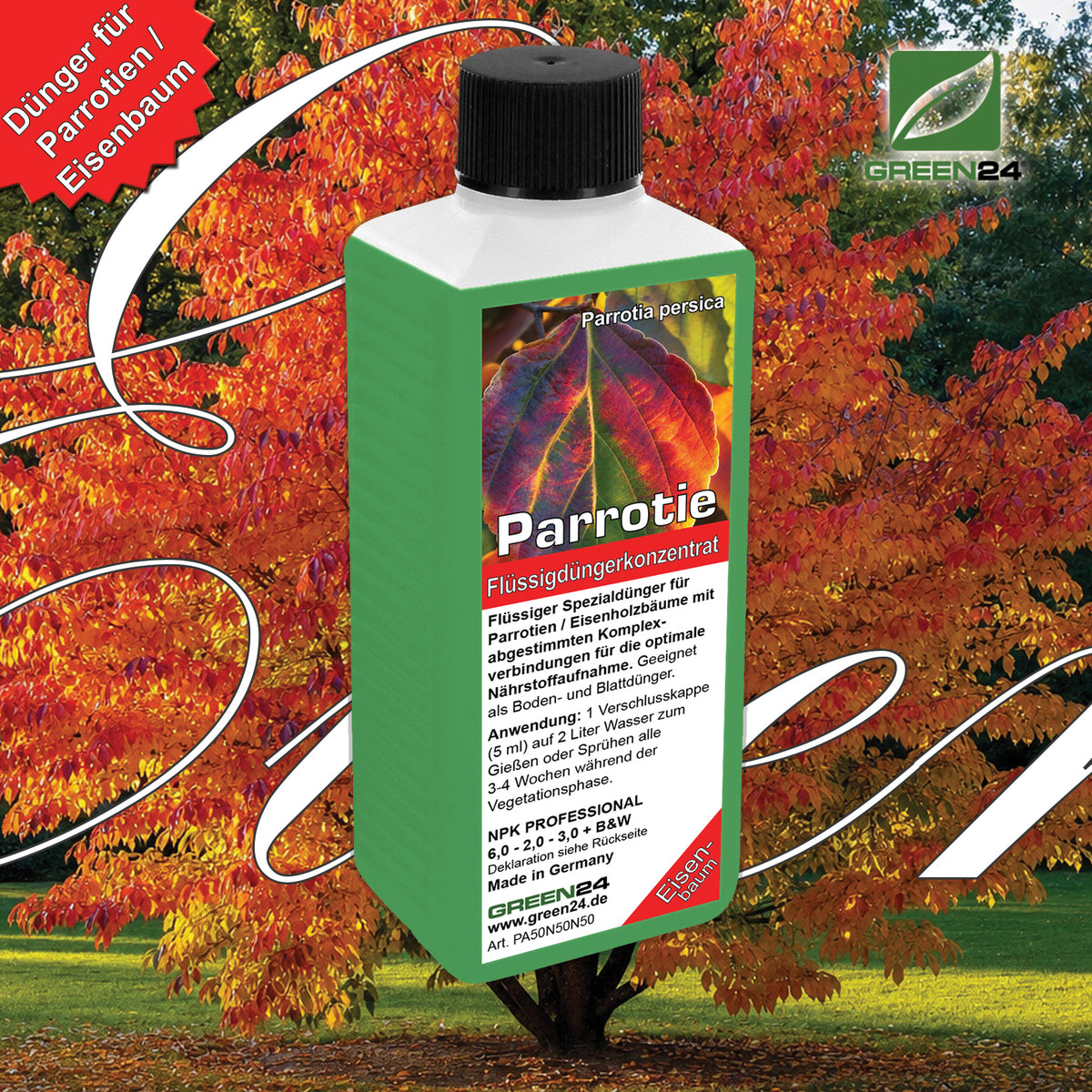 Parrotie Dünger – HIGH-TECH NPK Flüssigdünger für Parrotia persica, Eisenholzbaum & Eisenbaum – Perfekt für leuchtende Herbstfärbung & starkes Wachstum – Made in Germany