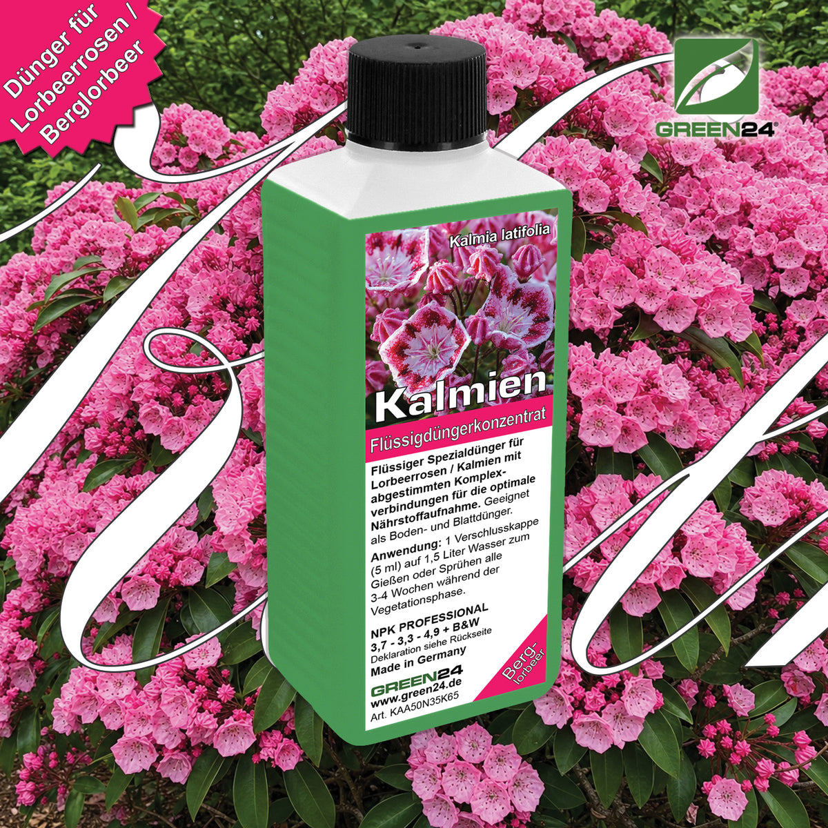 Kalmia Dünger – HIGH-TECH NPK Flüssigdünger für Lorbeerrosen, Berglorbeer & Kalmien – Perfekt für spektakuläre Blüten & gesundes Laub – Made in Germany