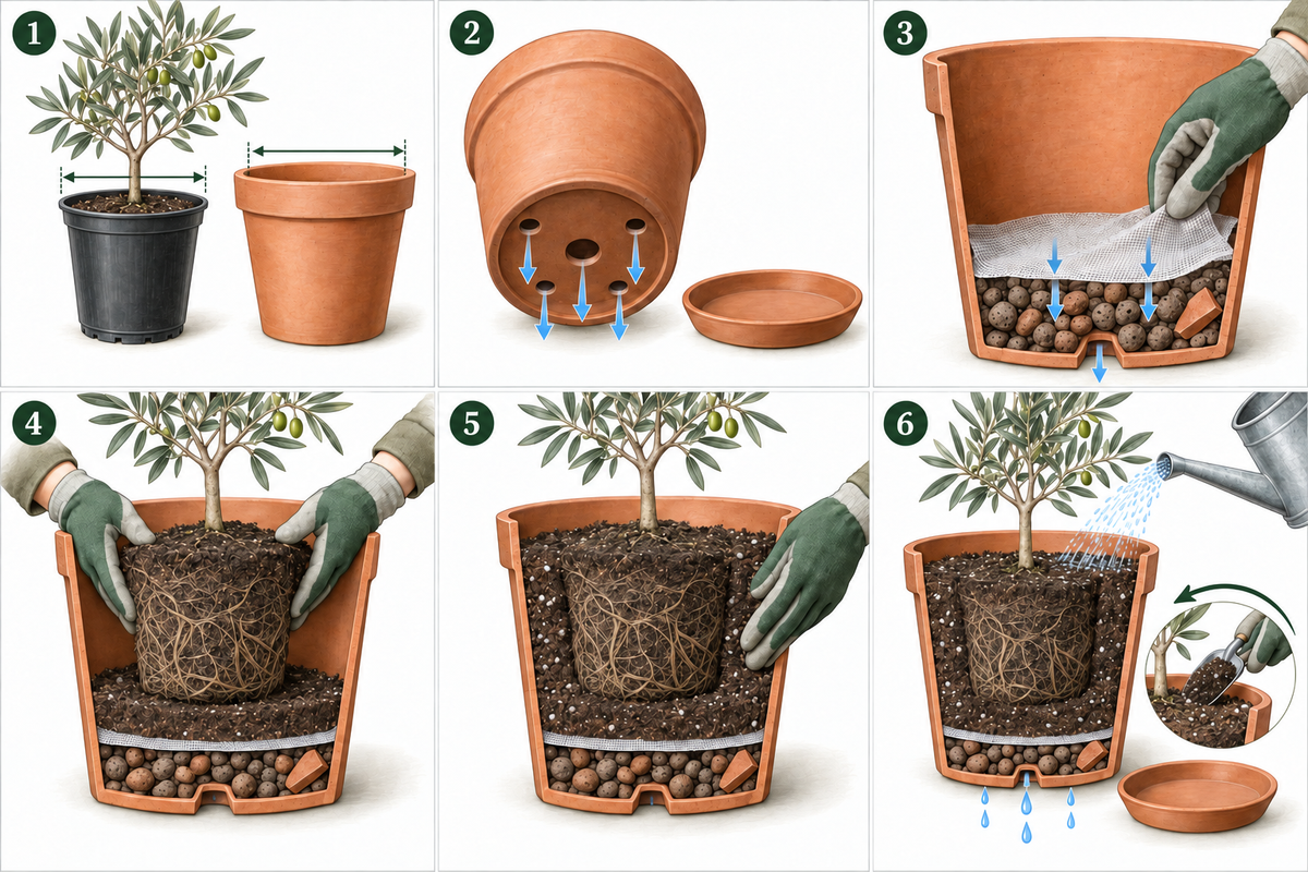 Umtopfen einer Olive in sechs Schritten: Topfgröße, Abfluss, Drainage mit Filtervlies, Ballen einsetzen, Erde auffüllen und angießen.