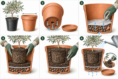 Umtopfen einer Olive in sechs Schritten: Topfgröße, Abfluss, Drainage mit Filtervlies, Ballen einsetzen, Erde auffüllen und angießen.