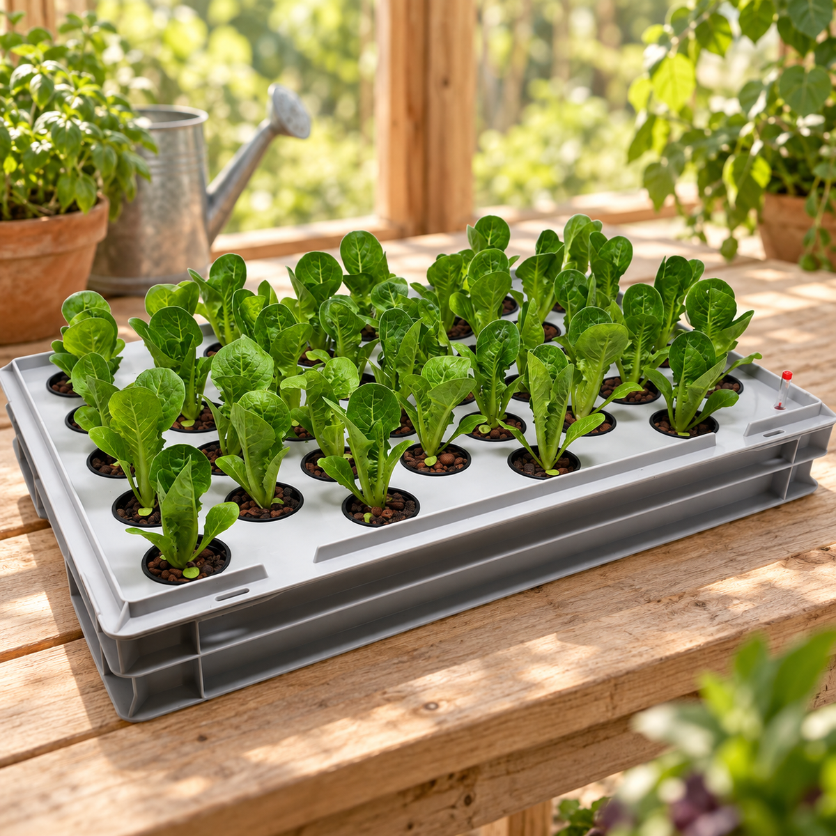 AQUA36 growing system with young lettuce plants as an application example on a greenhouse bench