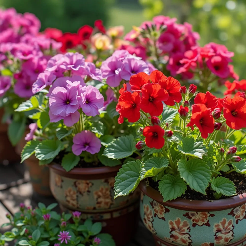 Flowering pelargoniums in decorative containers