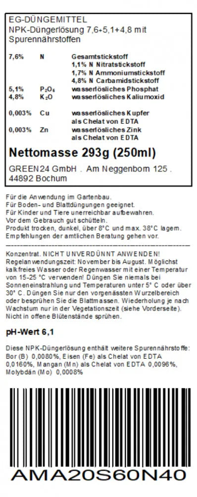 Originale Nährstoffdeklaration · Amaryllis-Dünger Pro Grün