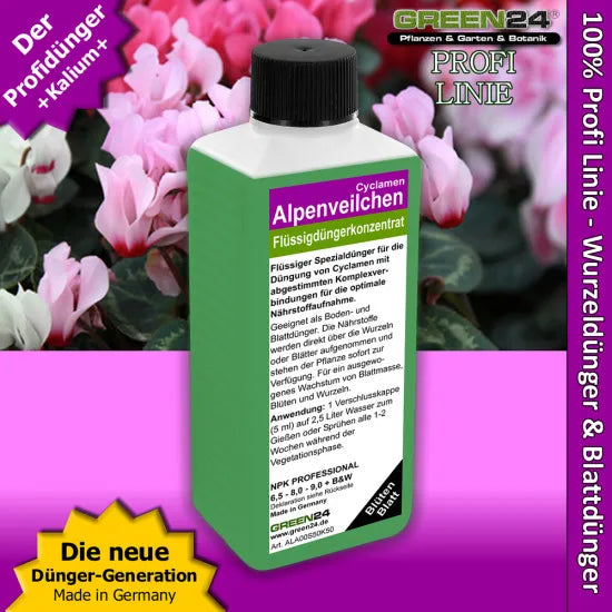 Alpenveilchen-Dünger Pro – 250 ml – Produkt und Pflanze