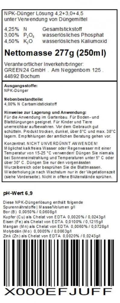 Grünpflanzendünger: deutsches Original-Rücketikett