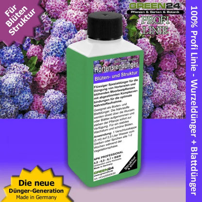 Hortensiendünger flüssig Pro – 250ml Spezialdünger für Hydrangea & Moorbeetpflanzen | Für prächtige Blütenfülle & kräftiges Wachstum | Professionelle Hortensien-Pflege – Produkt und Anwendung