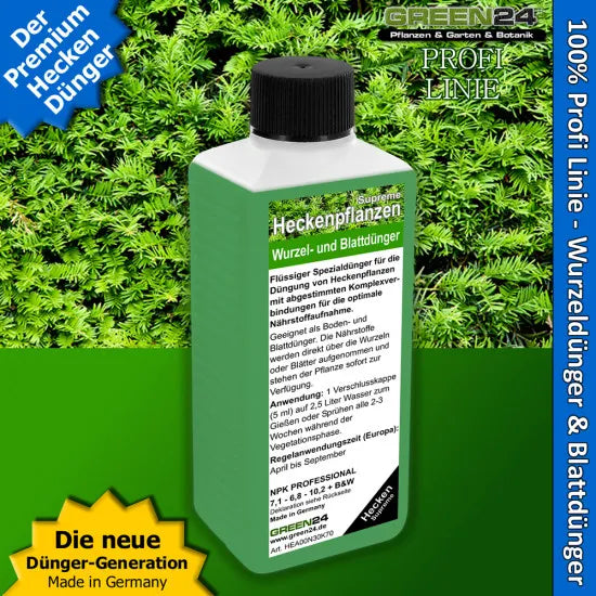 Heckenpflanzen Dünger Supreme – Spezialdünger für Laubhecken & Immergrüne Hecken | Flüssigdünger NPK Konzentrat 250 ml | GREEN24 PROFI LINIE – Produkt und Anwendung