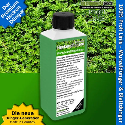 Heckenpflanzen Dünger Supreme – Spezialdünger für Laubhecken & Immergrüne Hecken | Flüssigdünger NPK Konzentrat 250 ml | GREEN24 PROFI LINIE – Produkt und Anwendung