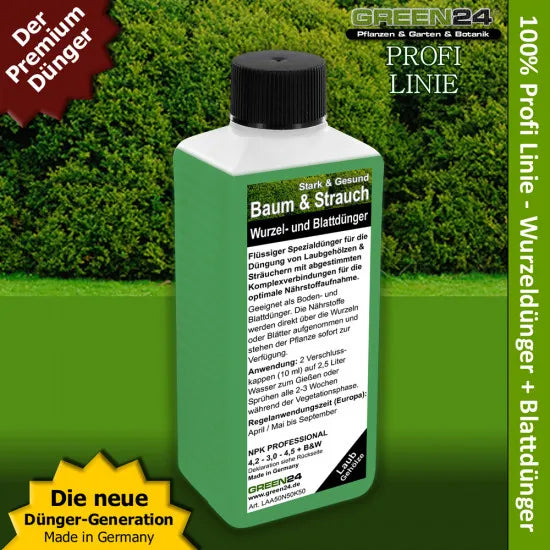 Baum & Strauch Dünger – 250ml Spezialdünger für heimische Laubgehölze | Für kraftvolles Wachstum & sattgrünes Laub | Ideal für alle sommergrünen Bäume & Ziersträucher – Produkt und Anwendung