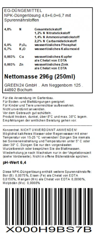 GREEN24 Kräuter-Dünger · 250 ml · Original-Rücketikett mit Deklaration und Anwendung