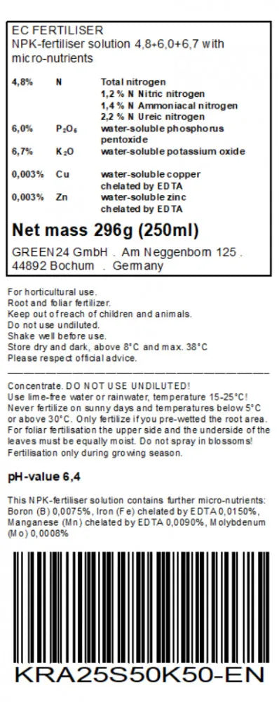 GREEN24 Kräuter-Dünger · 250 ml · Original-Rücketikett mit Deklaration und Anwendung · englische Fassung