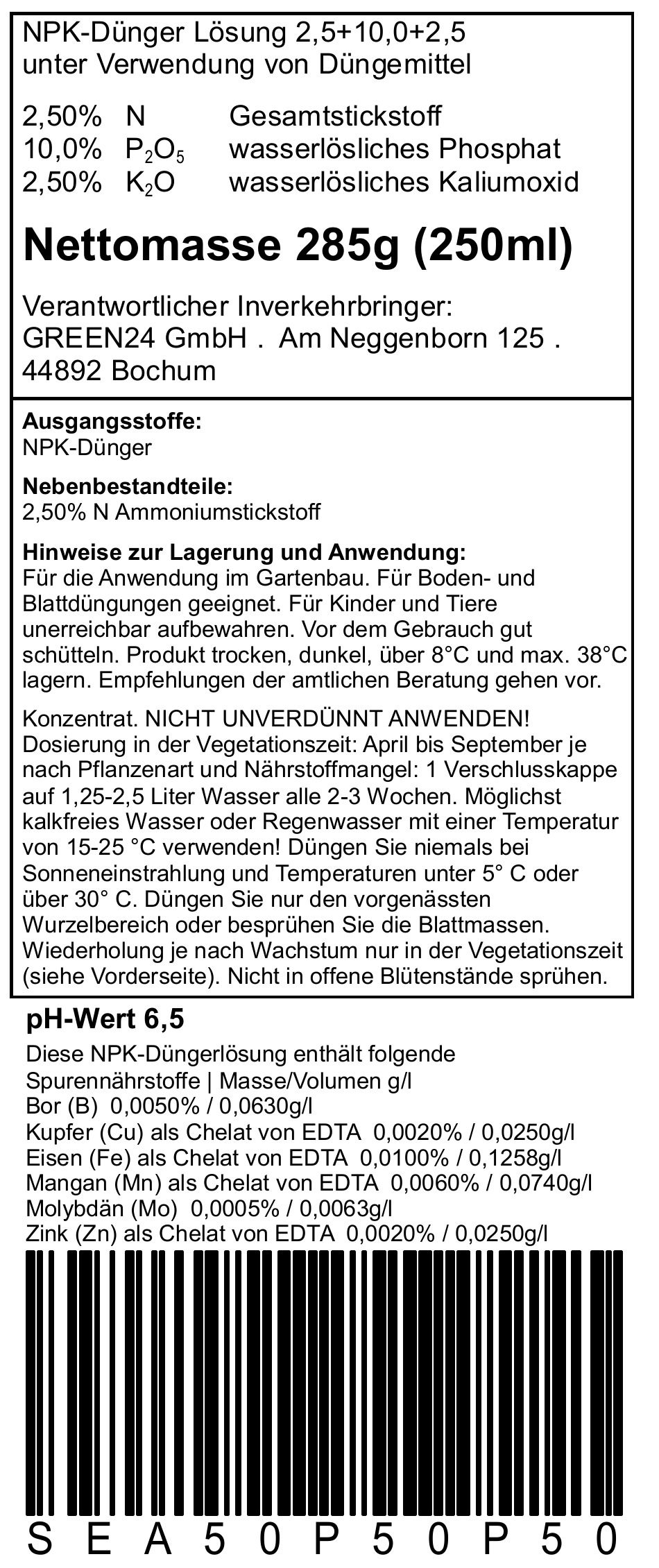 Deutsches Original-Rücketikett PROFI LINE P, SEA50P50P50: NPK 2,5–10–2,5, 250 ml