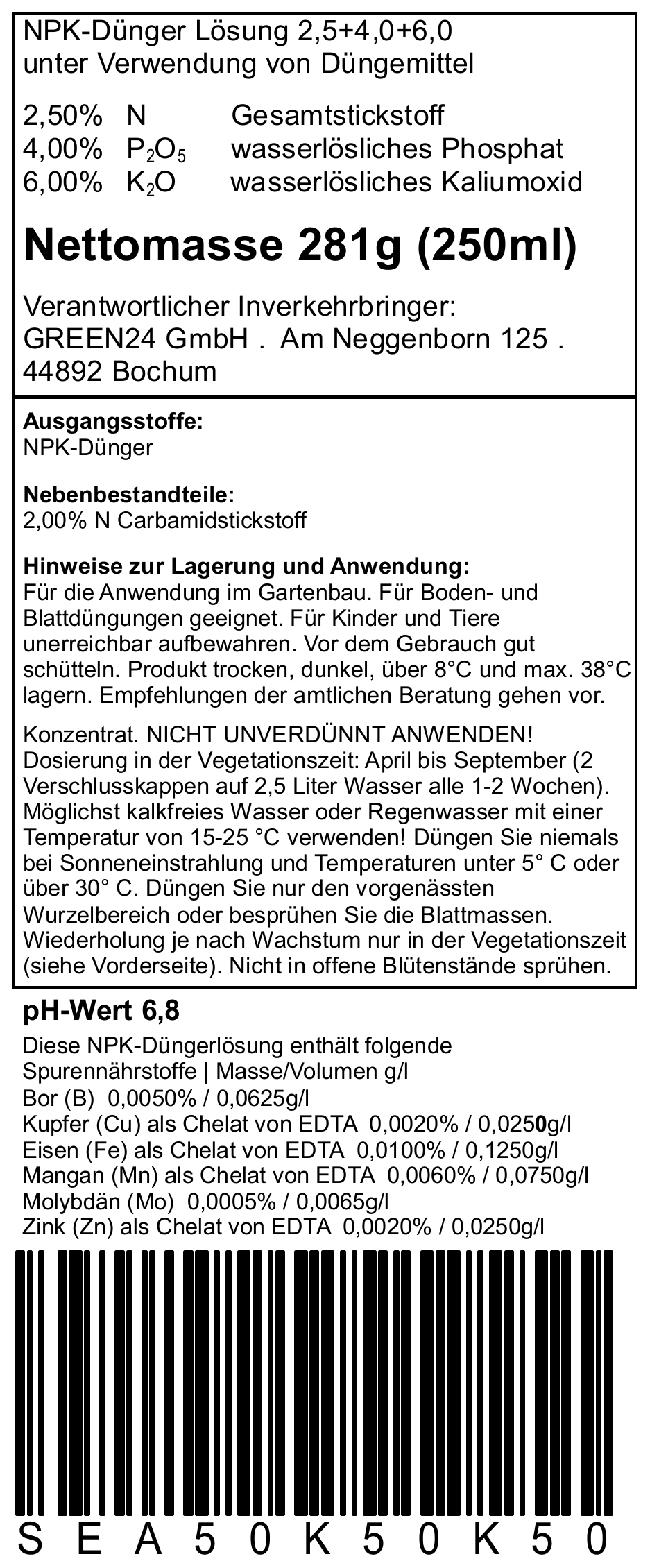 GREEN24 PROFI LINE K – vollständiges deutsches Original-Rücketikett der Kaliumdünger-Nachfüllung, NPK 2,5–4–6