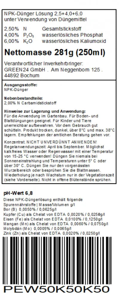 GREEN24 Fuchsien-Dünger · 250 ml · Original-Rücketikett mit Nährstoffdeklaration und Anwendungshinweisen