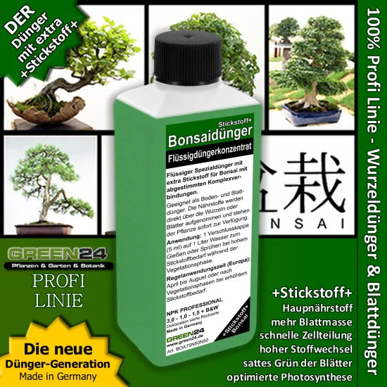 GREEN24 Bonsai-Dünger Stickstoff+ – 250 ml – Produkt mit Bonsaimotiv