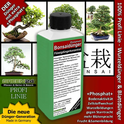 GREEN24 Bonsai-Dünger Phosphat+ – 250 ml – Produkt mit Bonsaimotiv