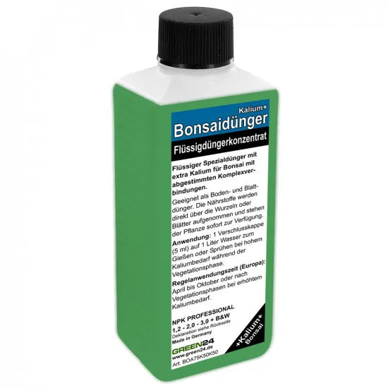 GREEN24 Bonsai-Dünger Kalium+ – 250 ml – Produktflasche auf weißem Hintergrund