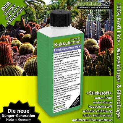 GREEN24 Sukkulenten & Kakteen Dünger Stickstoff+ – 250 ml – Produkt mit Pflanzenmotiv