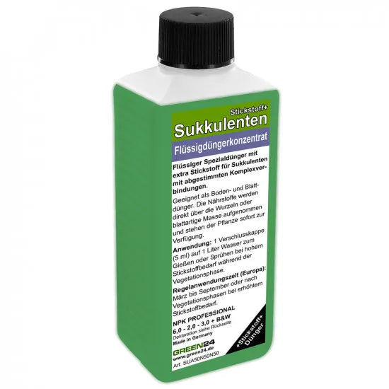GREEN24 Sukkulenten & Kakteen Dünger Stickstoff+ – 250 ml – Produktflasche auf weißem Hintergrund