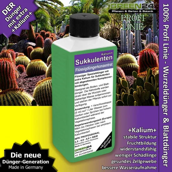 GREEN24 Sukkulenten-Dünger Kalium+ – 250 ml – Produkt mit Pflanzenmotiv