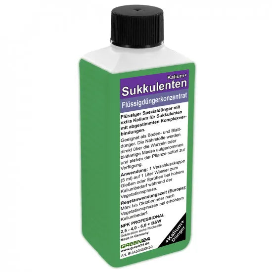GREEN24 Sukkulenten-Dünger Kalium+ – 250 ml – Produktflasche auf weißem Hintergrund