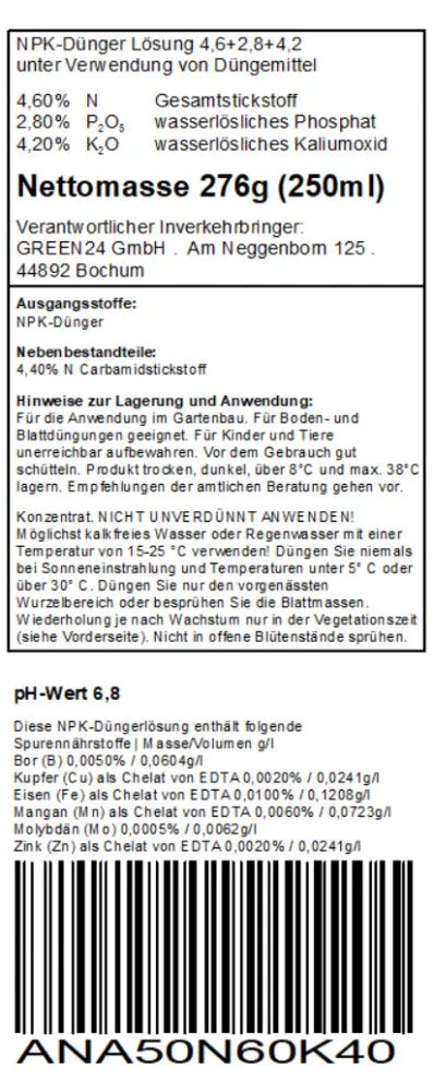 Anzucht-Dünger, deutsche Nährstoffdeklaration