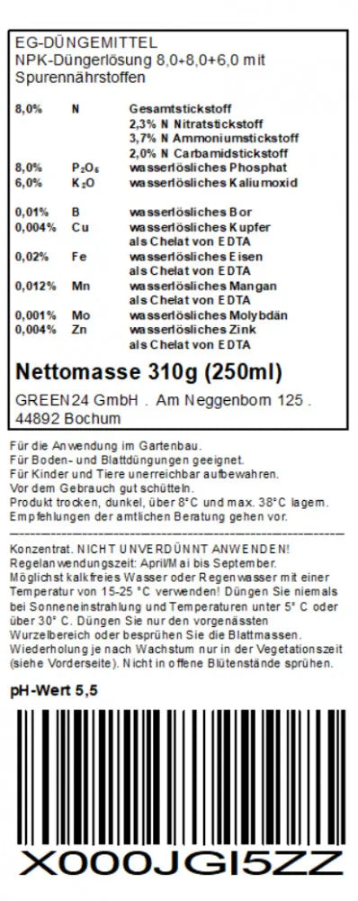 GREEN24 Kletter- & Strauchrosen-Dünger · 250 ml · Original-Rücketikett mit Deklaration und Anwendung