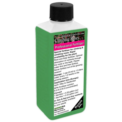 GREEN24 Kletter- & Strauchrosen-Dünger · 250 ml · Vorderetikett und Produktflasche · englische Fassung