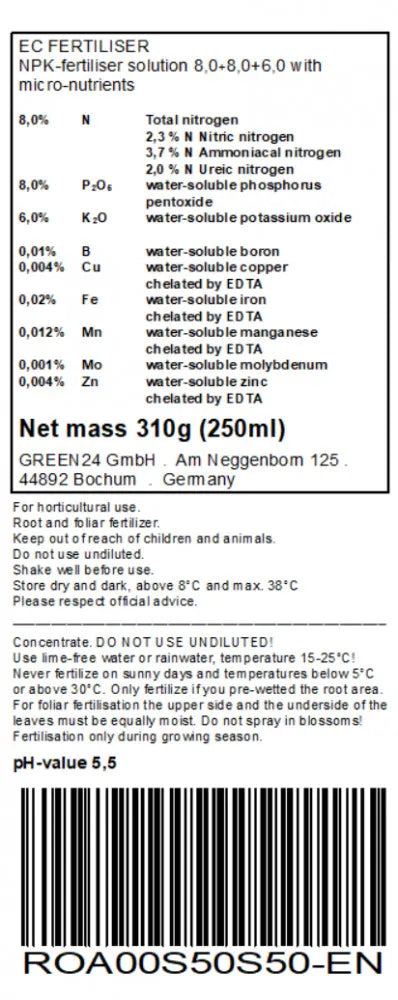 GREEN24 Kletter- & Strauchrosen-Dünger · 250 ml · Original-Rücketikett mit Deklaration und Anwendung · englische Fassung