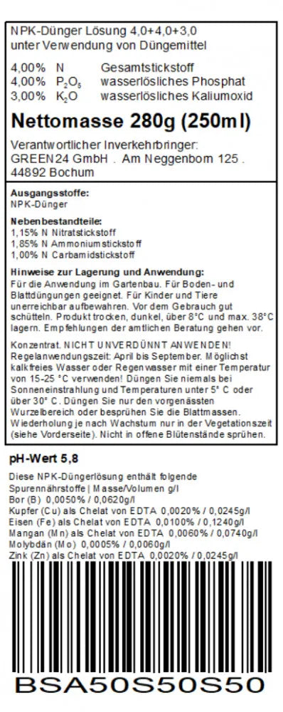 Blütenstrauch-Dünger – Originaletikett/Deklaration