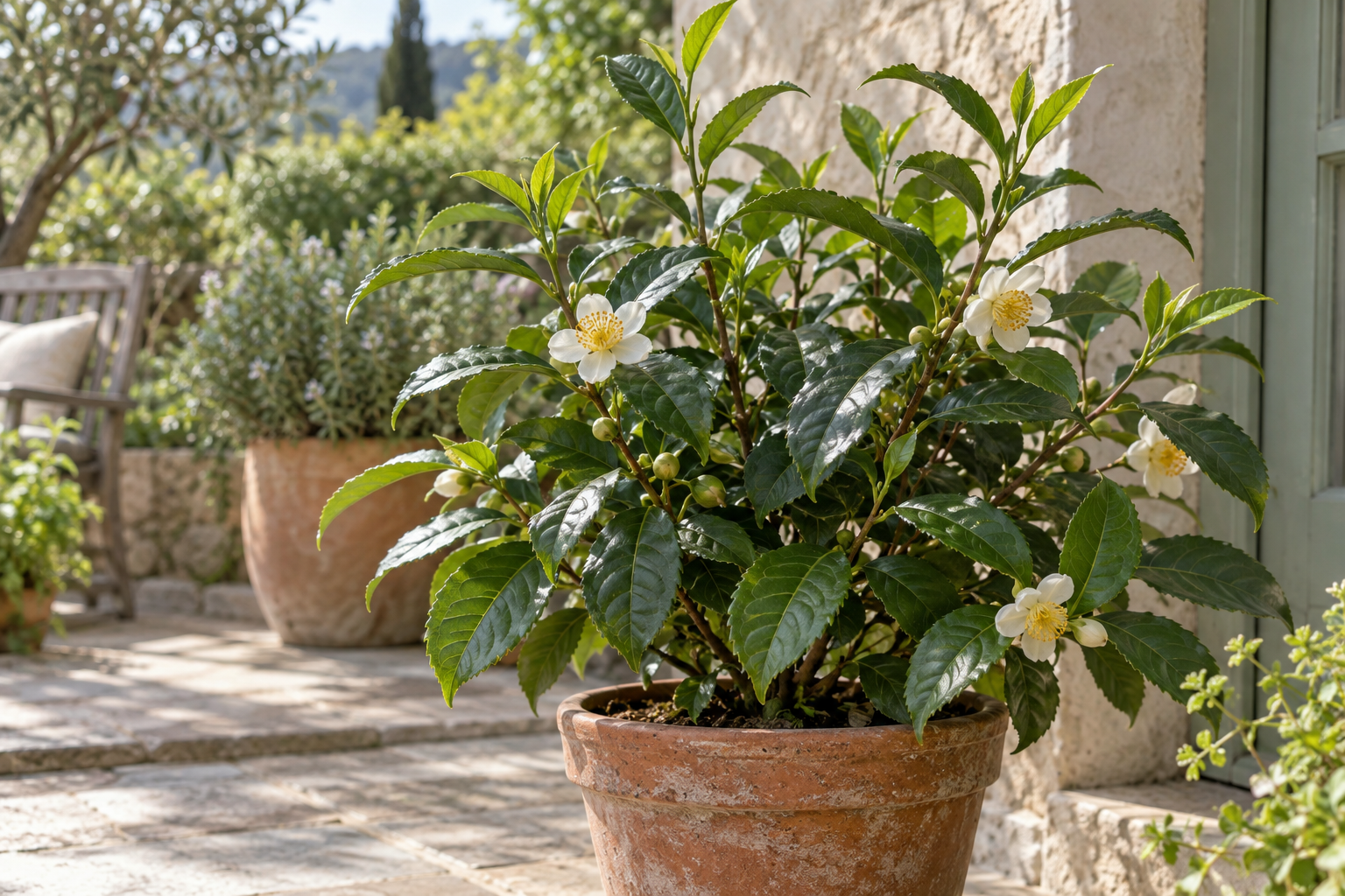 Tea plant with serrated leaves and small white flowers in a terracotta pot