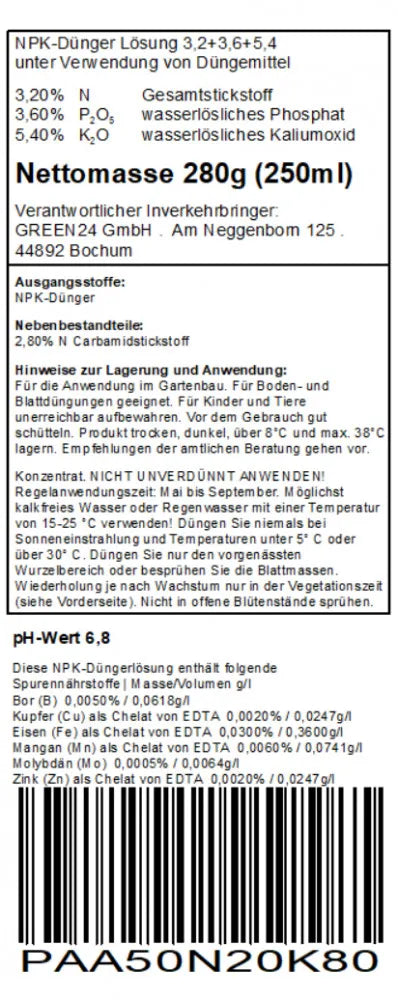 GREEN24 Passionsblumen-Dünger · 250 ml · Original-Rücketikett mit Nährstoffdeklaration und Anwendungshinweisen