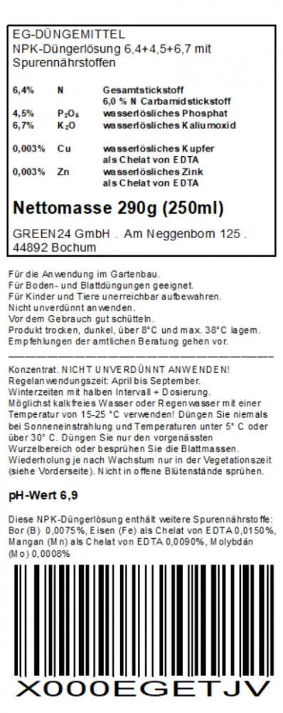 Hydrokultur-Dünger 250 ml, deutsche Rückdeklaration