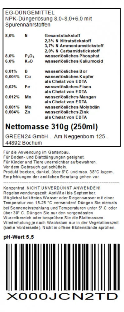 GREEN24 Engelstrompeten-Dünger · 250 ml · Original-Rücketikett mit Deklaration und Anwendung
