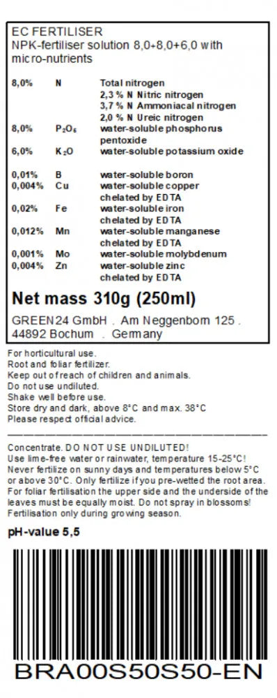 GREEN24 Engelstrompeten-Dünger · 250 ml · Original-Rücketikett mit Deklaration und Anwendung · englische Fassung