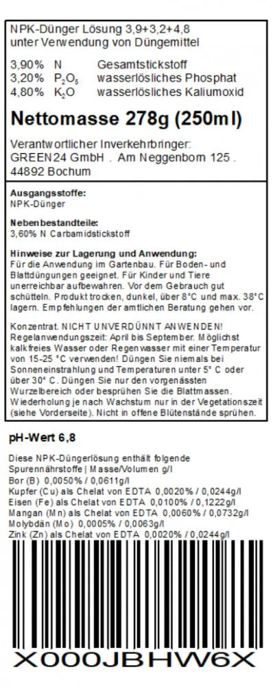 GREEN24 Elefantenfuß-Dünger · 250 ml · Original-Rücketikett mit Nährstoffdeklaration und Anwendungshinweisen