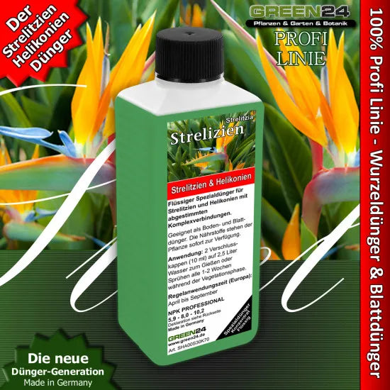Strelitzien-Dünger – 250 ml – Produkt und Pflanze
