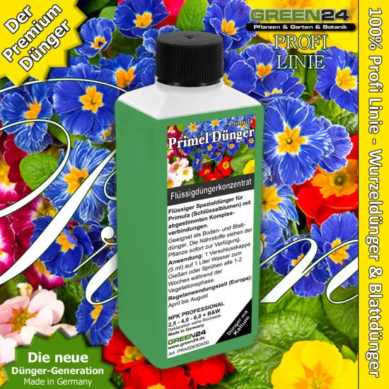 Primel-Dünger – 250 ml – Produkt und Pflanze