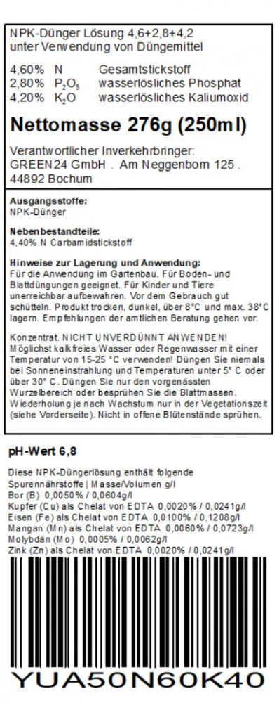 GREEN24 Yucca-Dünger · 250 ml · Original-Rücketikett mit Nährstoffdeklaration und Anwendungshinweisen