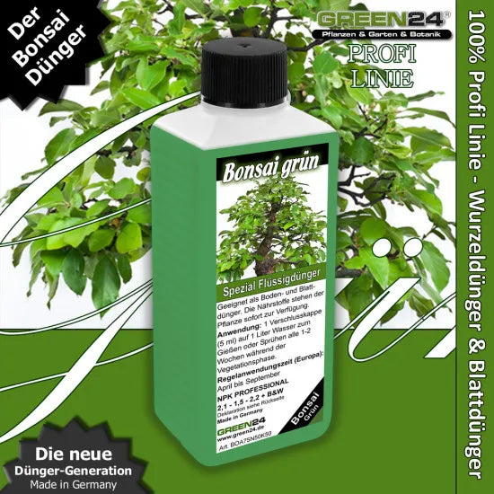 Bonsai-Grün-Dünger – 250 ml – Produkt und Pflanze