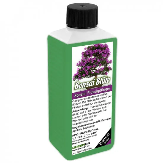 GREEN24 Bonsai Blüten- & Fruchtgehölze Dünger – 250 ml – Produktflasche auf weißem Hintergrund