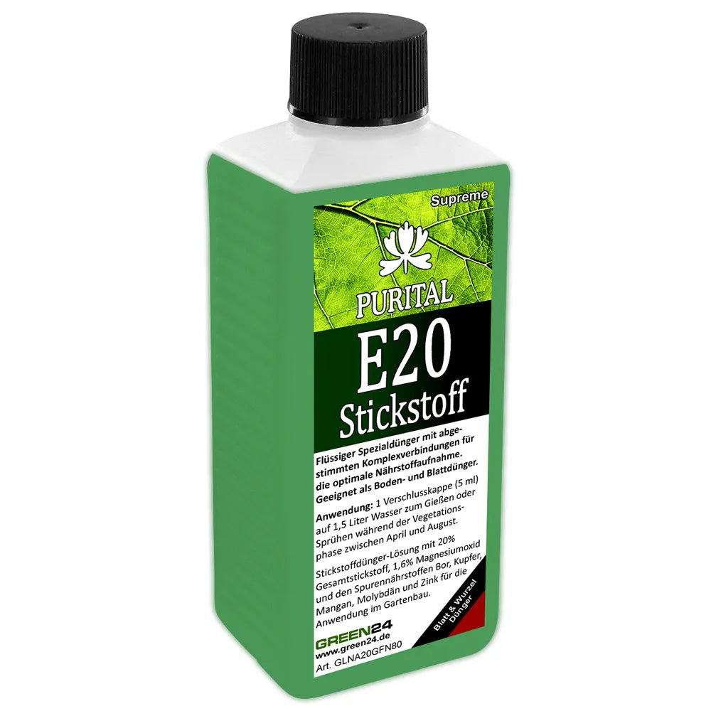 Purital E20 nitrogen fertiliser, 250 ml bottle with German front label on a white background