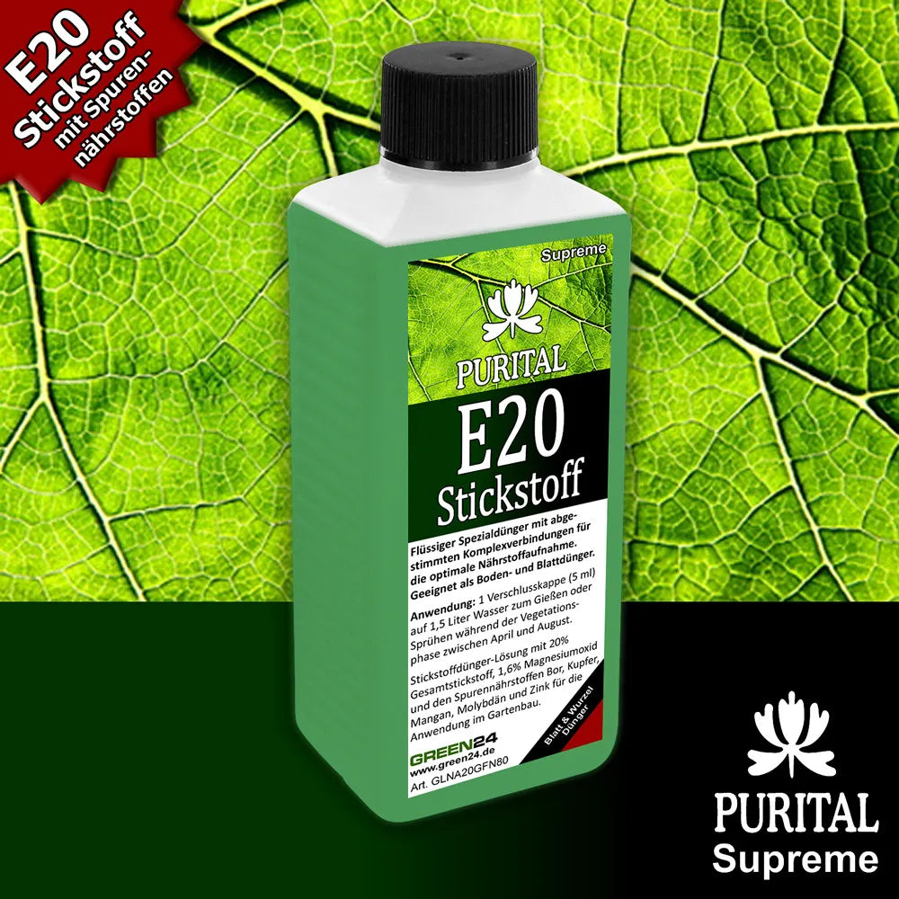 Purital E20 nitrogen fertiliser, 250 ml bottle against a green leaf background
