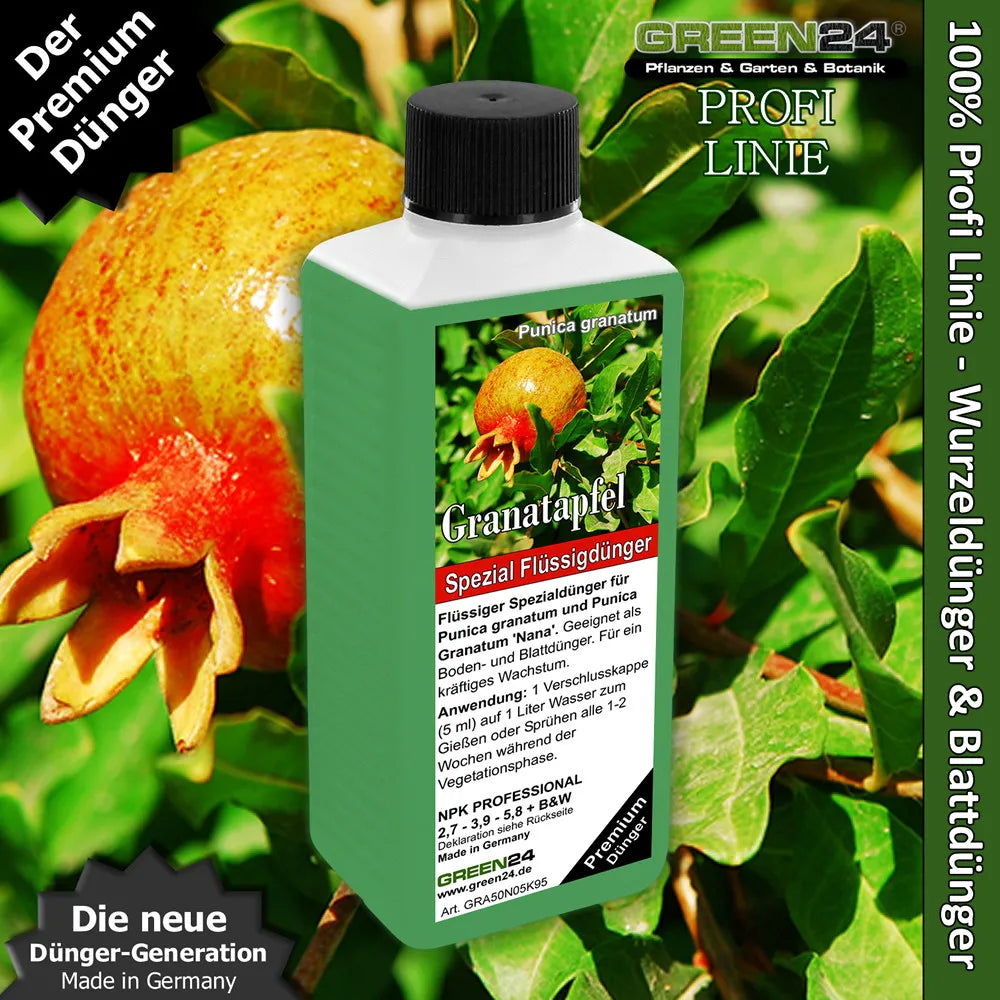 GREEN24 Granatapfel-Dünger 250 ml – Produktansicht mit Pflanze