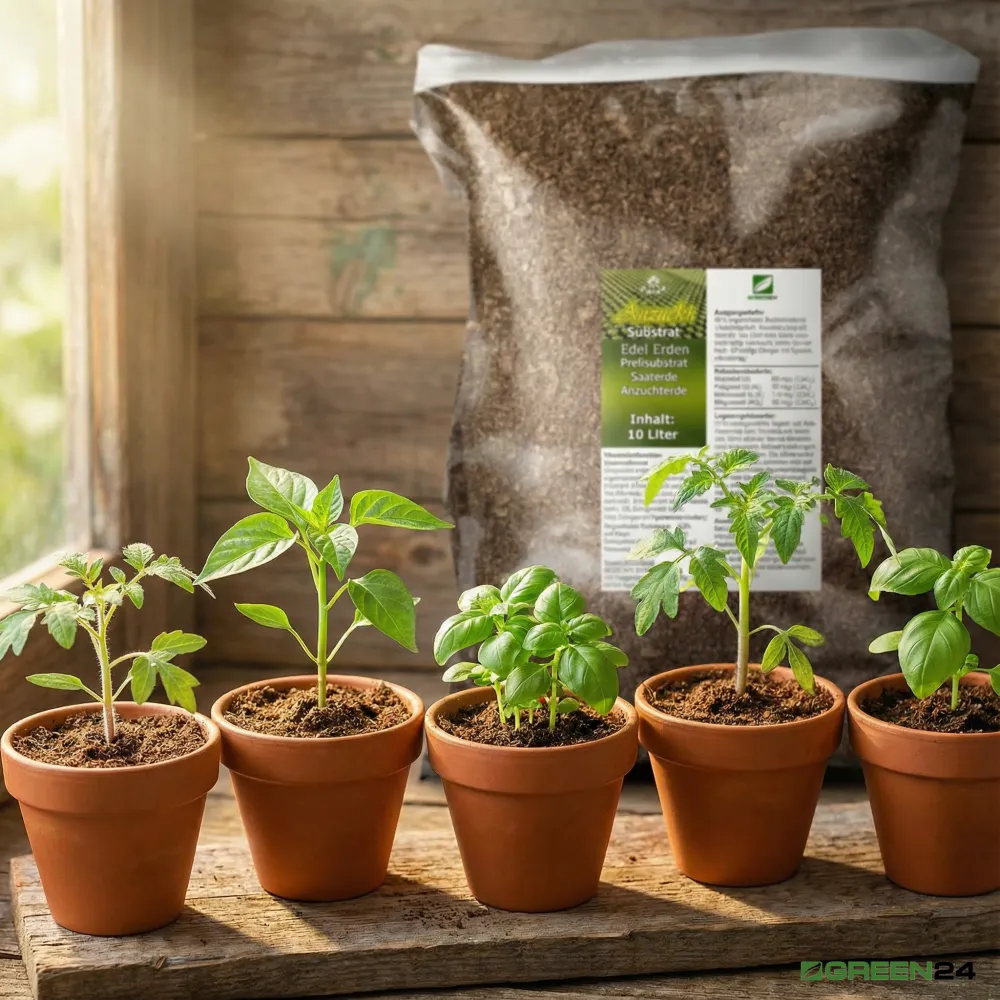 Young vegetable and herb plants in pots beside GREEN24 seed compost.