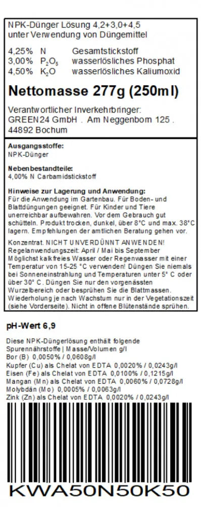 GREEN24 Kiwi-Dünger · 250 ml · Original-Rücketikett mit Deklaration und Anwendung