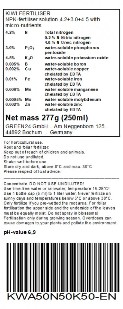 GREEN24 Kiwi-Dünger · 250 ml · Original-Rücketikett mit Deklaration und Anwendung · englische Fassung